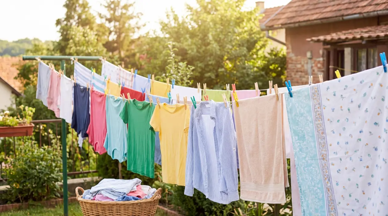 Panni stesi al sole su fili da bucato in giardino, con magliette e asciugamani all’aperto