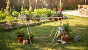 Vecchio stendino riutilizzato come supporto per vasi di erbe e fiori in giardino, con attrezzi da giardinaggio sul prato