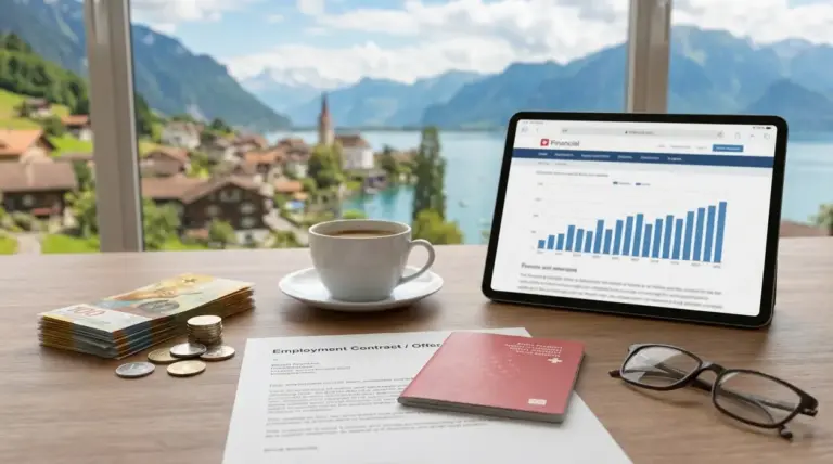 Banconote, contratto di lavoro e tablet con grafico davanti a un panorama svizzero tra lago e montagne