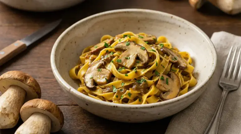 Tagliatelle ai funghi porcini servite in una ciotola rustica su tavolo in legno