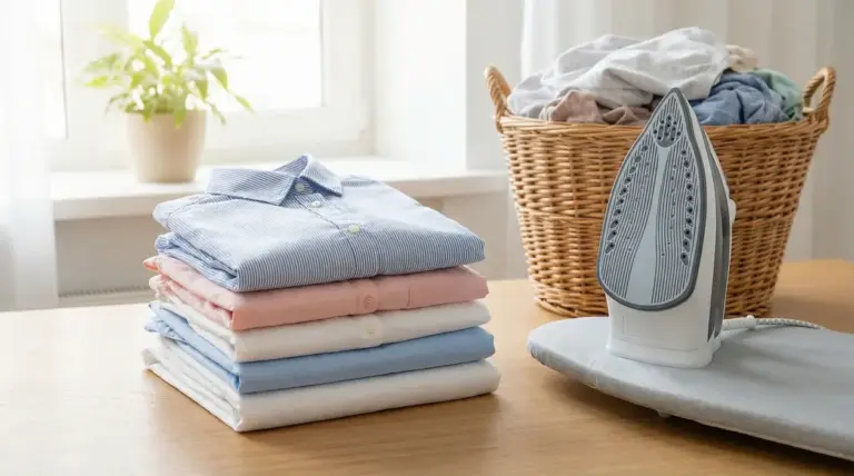 Pila di camicie piegate con ferro da stiro e asse su tavolo, accanto a cesta di biancheria in casa
