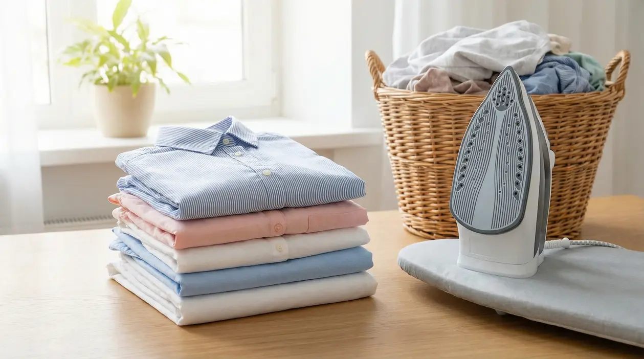 Pila di camicie piegate con ferro da stiro e asse su tavolo, accanto a cesta di biancheria in casa