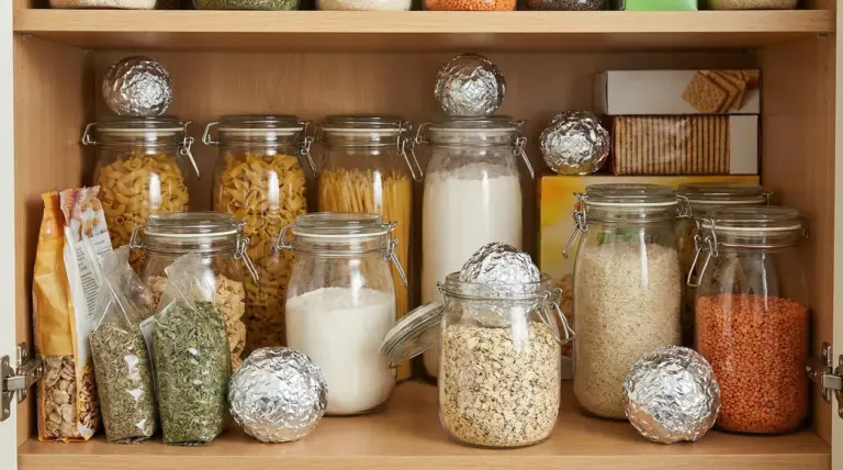 Dispensa con barattoli di pasta, riso e cereali e palline di carta stagnola per prevenire le tarme alimentari