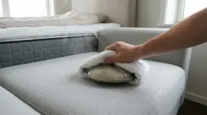 Mano che usa un coperchio caldo con panno su un divano in tessuto per pulizia a vapore e rimozione macchie