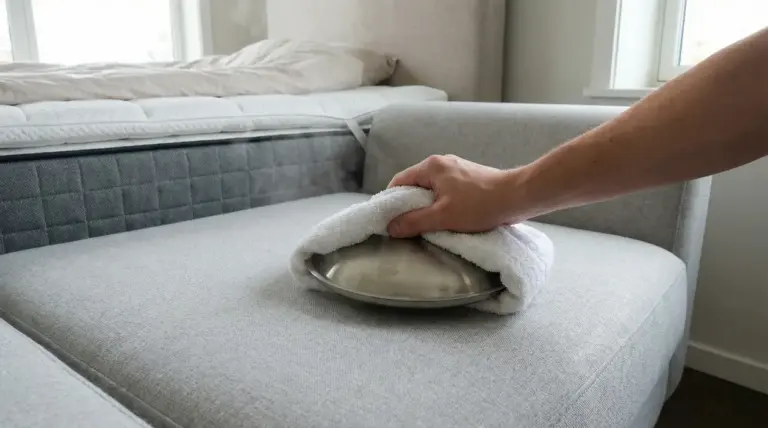 Mano che usa un coperchio caldo con panno su un divano in tessuto per pulizia a vapore e rimozione macchie