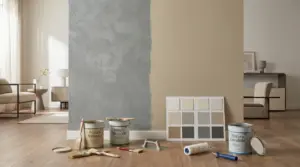 Parete dipinta con pittura lavabile e naturale, con accessori e campioni di colore a terra
