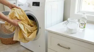 Persona inserisce tende ingiallite nella lavatrice; sul piano ci sono bicarbonato e aceto per sbiancare il bucato