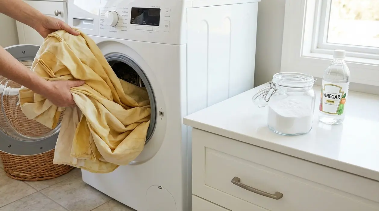 Persona inserisce tende ingiallite nella lavatrice; sul piano ci sono bicarbonato e aceto per sbiancare il bucato