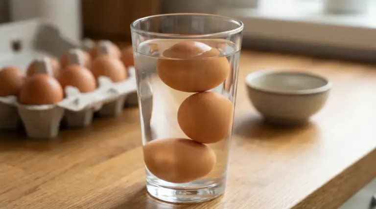 Uova in un bicchiere d'acqua per testarne la freschezza sul tavolo della cucina