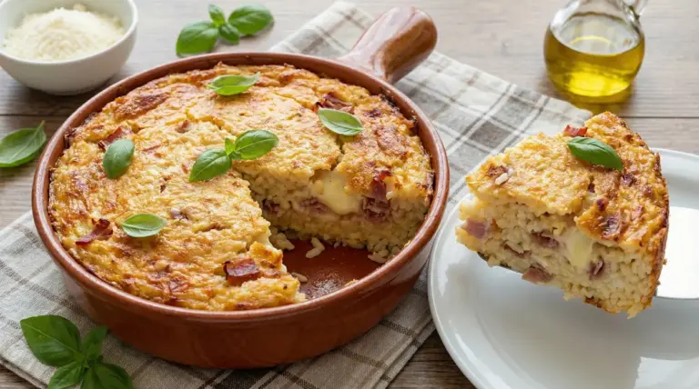 Timballo di riso al forno con provola e prosciutto servito in una teglia di terracotta