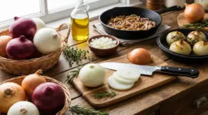Varietà di cipolle su un tavolo da cucina con alcuni tagliate e altre in cottura