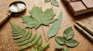 Foglie di diverse forme su un tavolo di legno con lente d'ingrandimento e taccuino