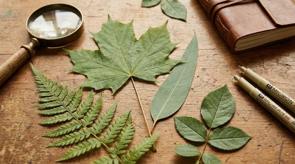 Foglie di diverse forme su un tavolo di legno con lente d'ingrandimento e taccuino