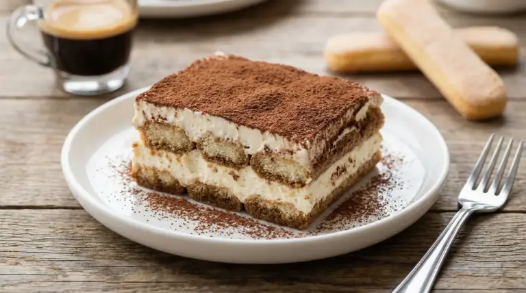 Fetta di tiramisù alla crema servita su piatto bianco con spolverata di cacao
