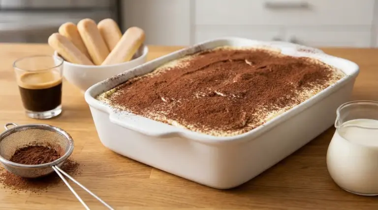 Tiramisù in una teglia bianca con cacao in polvere, circondato da ingredienti su un tavolo di legno.