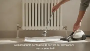 Aspirapolvere con spazzola flessibile pulisce la polvere tra le fessure di un termosifone senza smontarlo