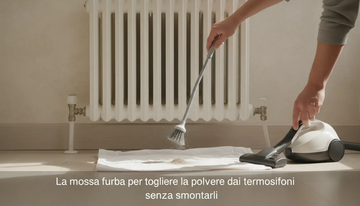 Aspirapolvere con spazzola flessibile pulisce la polvere tra le fessure di un termosifone senza smontarlo