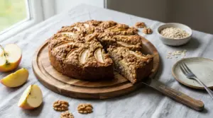 Torta di mele, avena e noci su un tagliere di legno con una fetta tagliata