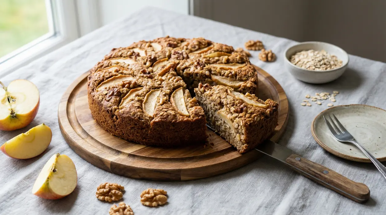 Torta di mele, avena e noci su un tagliere di legno con una fetta tagliata