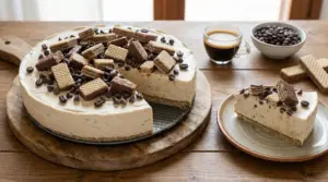 Torta fredda al caffè con wafer e gocce di cioccolato su un tavolo di legno