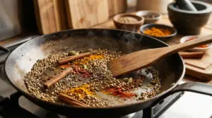 Spezie miste tostate in una padella con cucchiaio di legno su fornello da cucina