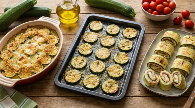 Tre piatti con ricette di zucchine al forno: gratinate, al parmigiano e involtini ripieni