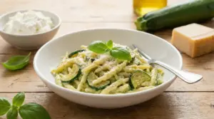 Piatto di trofie con zucchine, ricotta e basilico su tavolo di legno