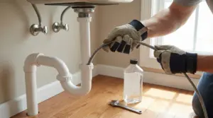 Persona con guanti che pulisce il tubo di scarico del lavandino con una sonda metallica sotto il lavabo