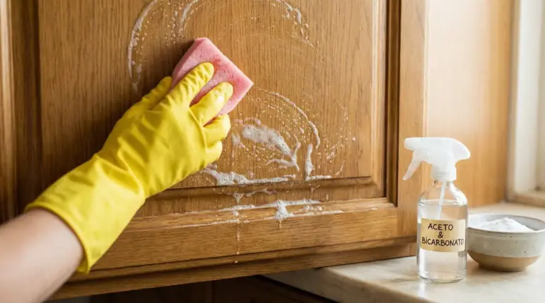 Mano con guanto giallo pulisce un mobile da cucina in legno con una spugna saponata