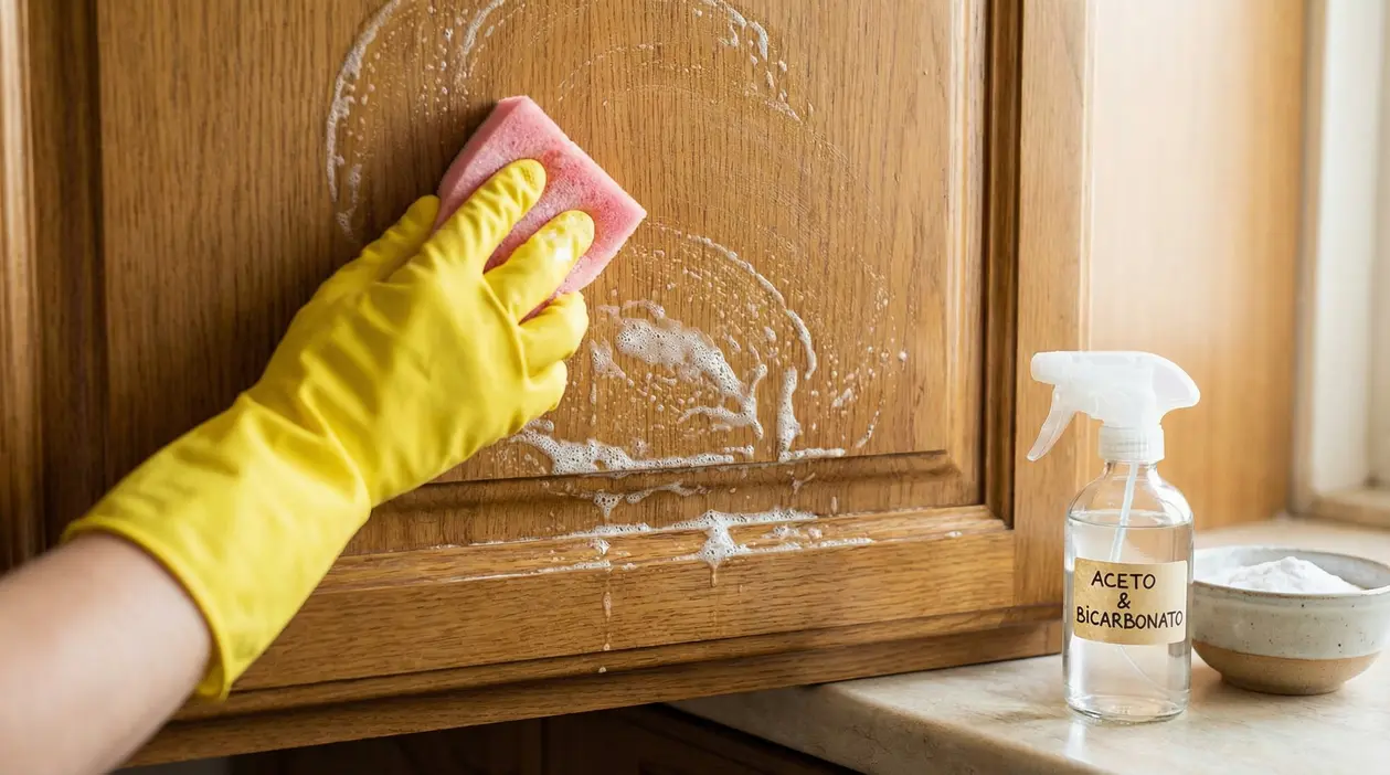 Mano con guanto giallo pulisce un mobile da cucina in legno con una spugna saponata