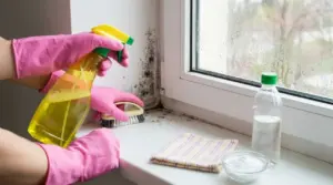 Mani con guanti rosa puliscono la muffa sul bordo di una finestra con spray detergente e spazzola