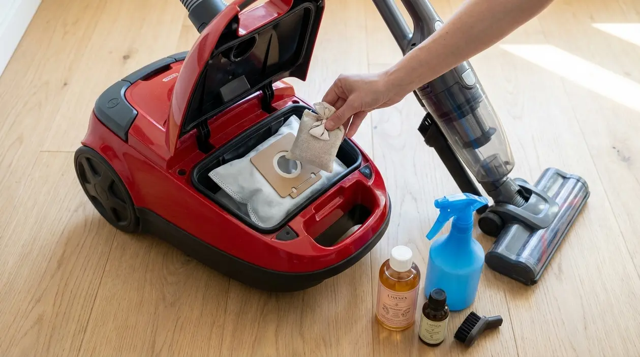 Mano inserisce un sacchettino profumato in un aspirapolvere rosso aperto su pavimento in legno