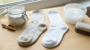 Calzini bianchi prima e dopo lo sbiancamento con bicarbonato, bacinella d’acqua e spazzola su tavolo di legno