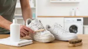 Persona che pulisce una sneaker bianca sporca con spazzola e detergente su un tavolo, accanto a una scarpa già pulita