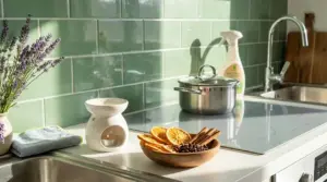 Cucina pulita e profumata con diffusore, agrumi essiccati e detergente vicino al lavello