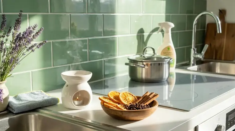 Cucina pulita e profumata con diffusore, agrumi essiccati e detergente vicino al lavello