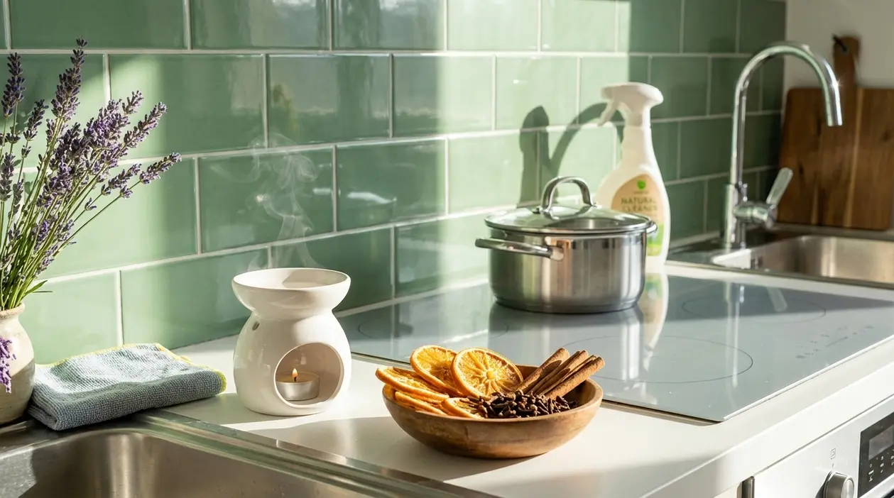 Cucina pulita e profumata con diffusore, agrumi essiccati e detergente vicino al lavello
