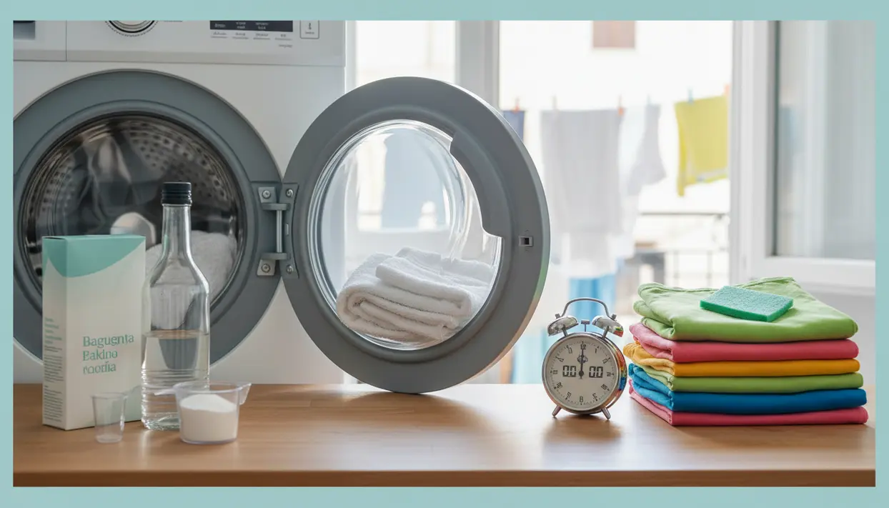 Lavatrice a carica frontale con oblò aperto, asciugamani e prodotti per la pulizia per prevenire la muffa