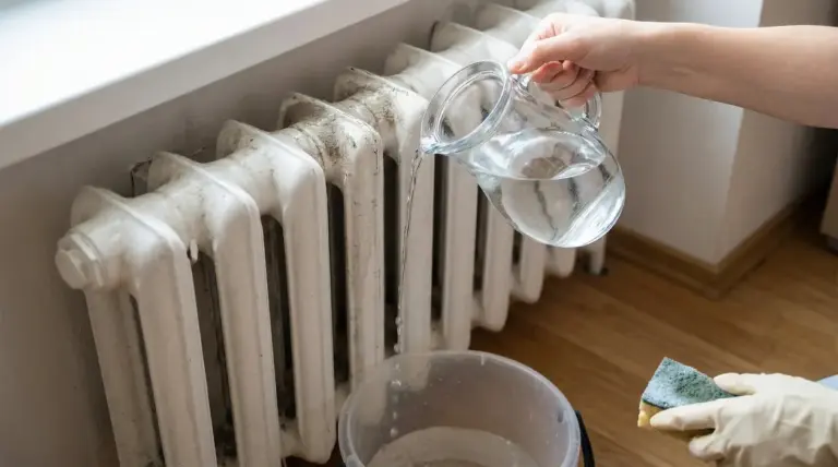 Mano che versa acqua da una brocca su un termosifone sporco, con secchio e spugna per la pulizia