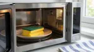 Spugnetta per piatti appoggiata su un piatto nel microonde, pronta per essere igienizzata