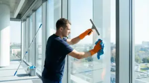 Addetto alle pulizie lava grandi vetrate con tergivetro e panno in microfibra, per vetri brillanti senza aloni.