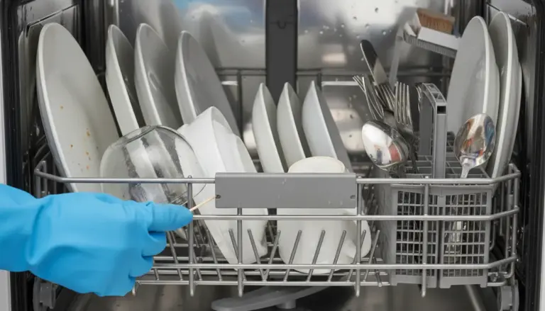 Mano con guanto che usa uno stuzzicadenti per pulire il cestello della lavastoviglie tra piatti e posate