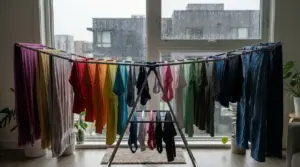 Stendibiancheria in casa davanti a una finestra piovosa con vestiti stesi ad asciugare