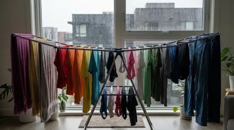 Stendibiancheria in casa davanti a una finestra piovosa con vestiti stesi ad asciugare