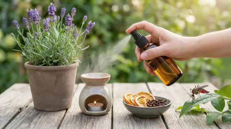 Spray naturale alla lavanda e agrumi su un tavolo, con zanzara vicino e diffusore con candela acceso