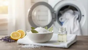 Lavatrice aperta con asciugamani, sale, limone e olio essenziale per profumare il bucato in modo naturale
