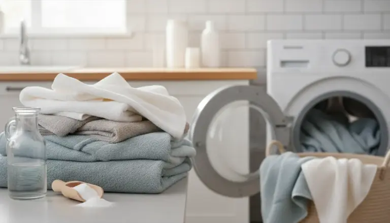 Pila di asciugamani piegati vicino a lavatrice aperta e contenitore di detergente, per un bucato più morbido