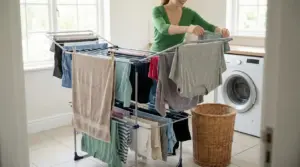 Una persona stende i panni bagnati su uno stendibiancheria vicino a una lavatrice.