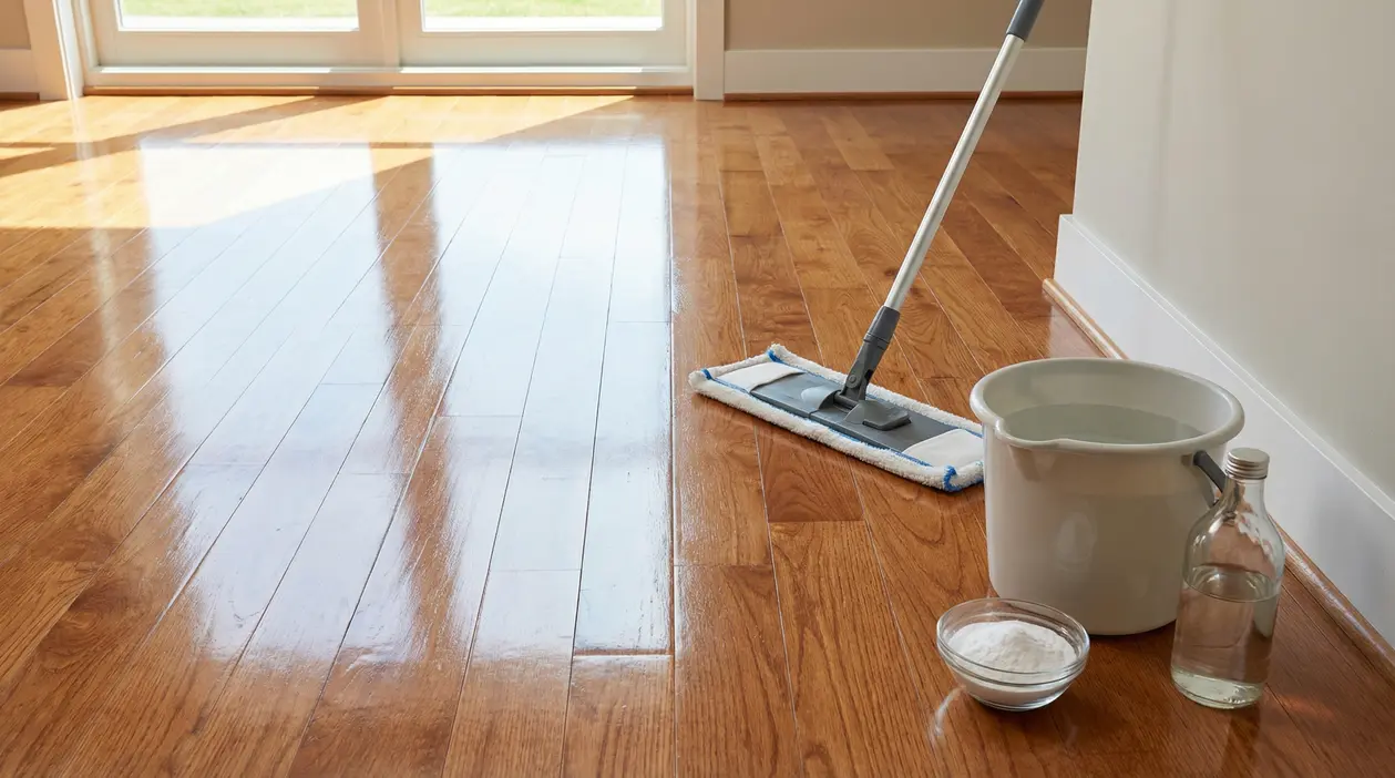 Pavimento in legno lucido con mop, secchio, bicarbonato e aceto