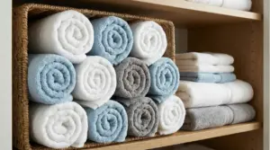 Asciugamani arrotolati e impilati in un cesto su uno scaffale, metodo salvaspazio per l’armadio
